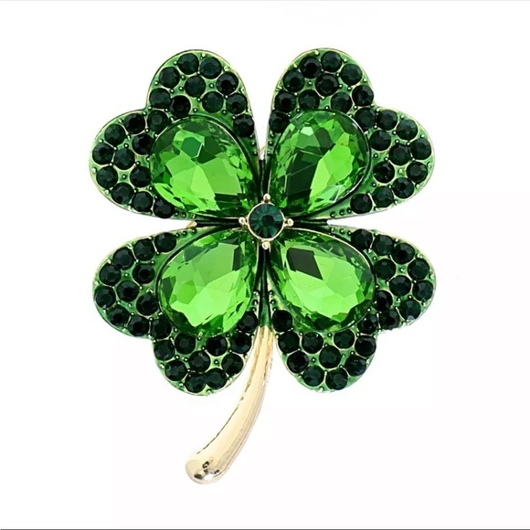 NWT Green Rhinestone Gold Tone Irish Happy St Patrick’s Day Clover Brooch - Picture 3 of 7